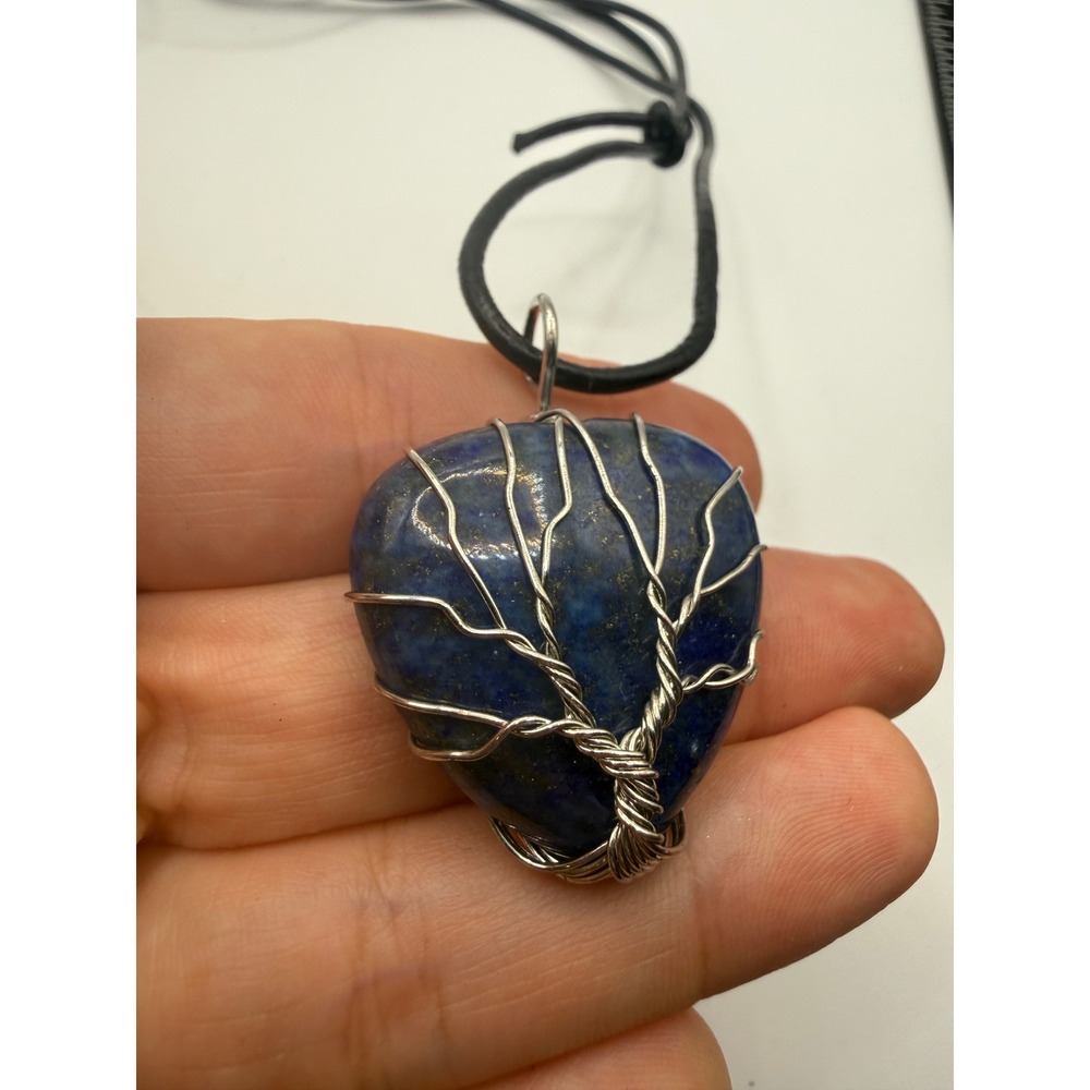 Lapis Lazuli Tree of Life Wire Wrapped Heart Pendant Necklace Blue Silver Tone